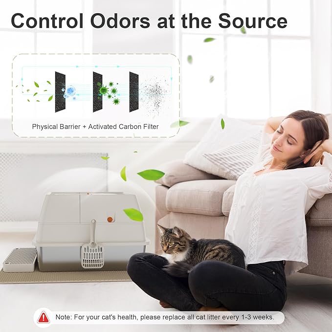 Stainless Steel Cat Litter Box with Lid, XL Extra Large Kitty Litter Box, Enclosed Top Entry Metal Litterbox for Big Cats, Easy Cleaning, Anti-Leakage & High Sided with Mat, Aisle & Scoop Beige