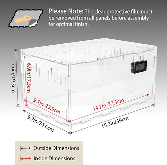 BETAZOOER Reptile Terrarium Breeding Tank Acrylic Reptile Feeding Box with Temperature Hygrometer (15.3"x9.7"x7.6")