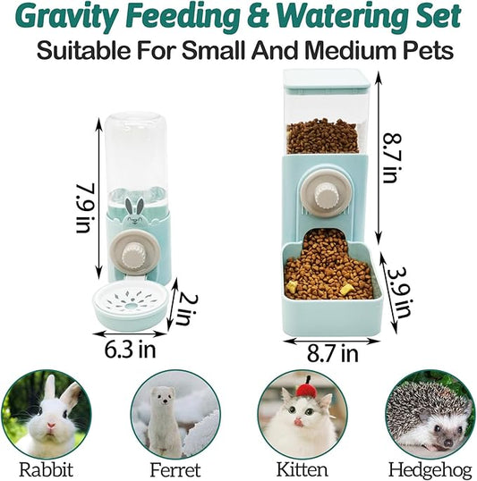 kathson Hanging Automatic Rabbit Pet Food and Water Dispenser, Auto Gravity Bunny Feeders for Cages, Detachable Self-Feeding Feeder and Waterer Set for Ferrets Chinchilla Hedgehog (Light Blue)