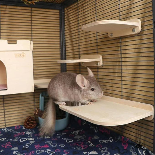 Chinchilla Wooden Platform Set, Pet Cage Platform with Feeding Bowl, Small Animals Cage Accessories for Chinchilla Squirrel Gerbil Suger Glider Hamsters (Feeding Platform + Small Platform)