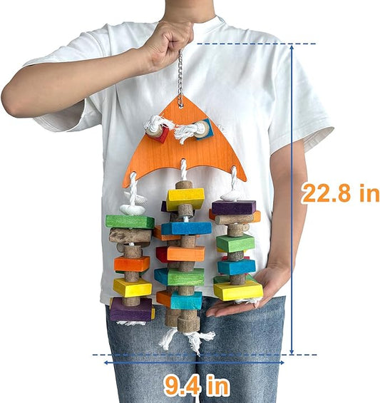 22.8" Natural Shell Parrot Toy for Medium & Large Birds (Sichuan Pepper Wood/Pine Wood/Poplar) with Stainless Steel Hook | Macaw Toys, African Grey Chew Toys