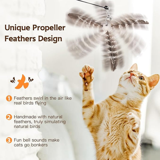 Cat Toys Interactive for Indoor Cats, Cat Wand Toys with 3 Feather Refills, Sturdy Wood Handle with Flexible Steel Wire for Kitten, Feather Toys Refills for Bored Indoor Adult Cats