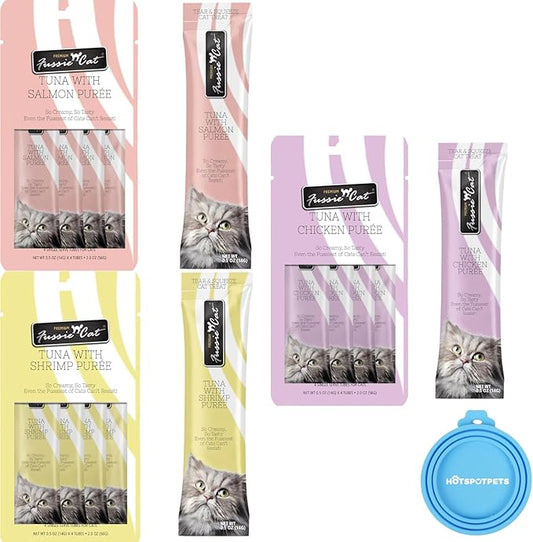 Fussie Cat Premium Puree Lickable Cat Treats in Tuna Puree, Lickable Treats, 3 Packs of 4-0.5oz Tubes,(12 Total Tubes) Variety Flavor Pack of 3 Flavors. Salmon, Shrimp, Chicken + Lid
