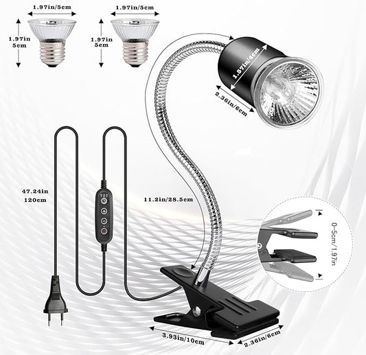 Reptile Tank Accessories, Reptile Heat Lamp with Clamp and 2 Bulb (25W + 50W) , Hermit Crab Heater, Tortoise Habitat Accessories, Turtle Heat Lamp, Reptile Terrarium for Lizard, Hermit Crab, Tortoise