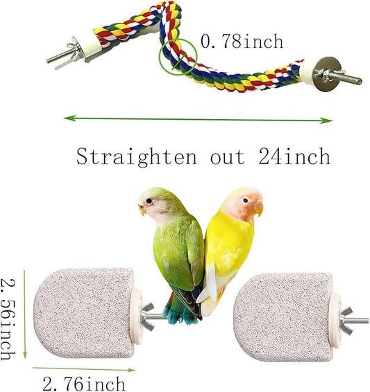 24-Inch Bird Rope Perch (0.8'' Diameter) + 2 Volcanic Stone Bird Stands - Beak & Claw Care for Small/Medium Birds, Natural & Stable Birds Perch