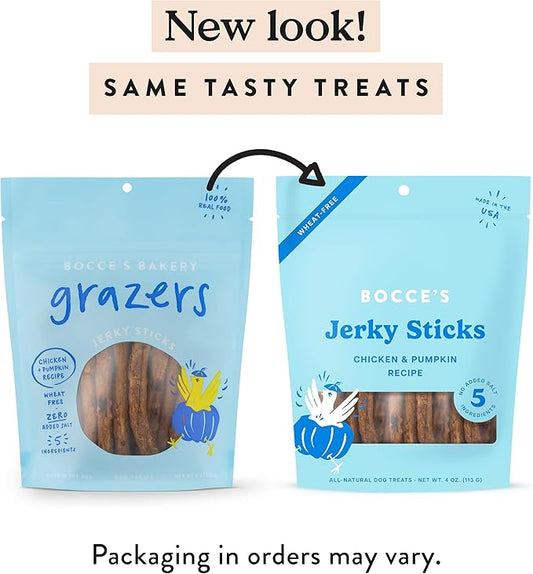 Bocce's Bakery Jerky Stick Dog Treats, Wheat-Free, Made with Limited-Ingredients, Baked in The USA with No Added Salt or Sugar, All-Naural & High-Protein, Chicken & Pumpkin, 4 oz