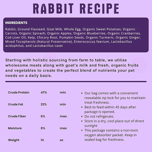 Freeze Dried Raw Dog Food, Rabbit Recipe, All Natural, No Synthetics, Made in USA with Goat's Milk & Organic Produce, High Protein, Complete Meal (14oz)