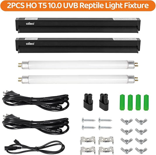 Oiibo UVB Reptile Light, 2PCS HO T5 10.0 UVB Reptile Light Fixture Kit, Connectable UVB Reptile Light for Large Terrarium, 24W Bearded Dragon UVB Light T5 Lamp Bulb