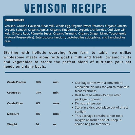 Freeze Dried Raw Dog Food, Venison Recipe, All Natural, No Synthetics, Made in USA with Goat's Milk & Organic Produce, High Protein, Complete Meal (14oz)