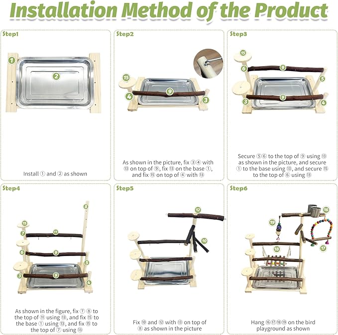 PINVNBY Bird Playground 9 PCS Parrot Perch Stand Play Gym Cockatiel Wood Bird Toys Birds Cage Accessories Playpen with Feeder Cups Hanging Swing Toys for Parakeet Conure Lovebird Cockatiel