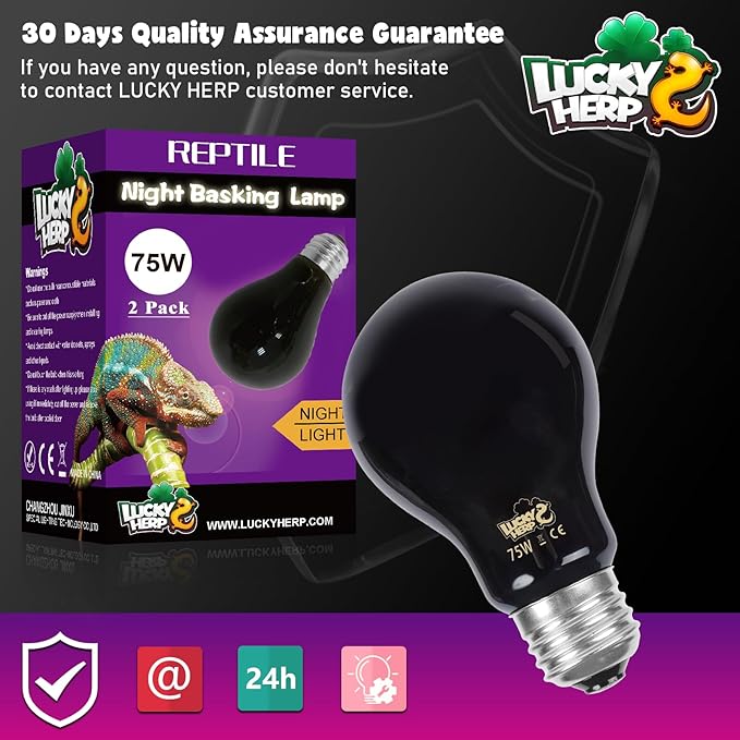 LUCKY HERP Reptile Heat Lamp 75W 2 Pack, Reptile Night Heat Bulb, Reptiles & Amphibians Basking Spot Light Bulb for Bearded Dragon, Lizard, Snake, Turtle, Chameleon