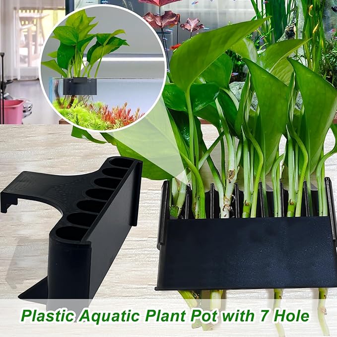 2PC 7 Holes Upgraded Aquarium Plant Holder, Aquatic Cup for Tank, Fish Tank Holder with Long Hook, Aquarium Feeder for Aquascape Decorations on Top of Tank (Black)