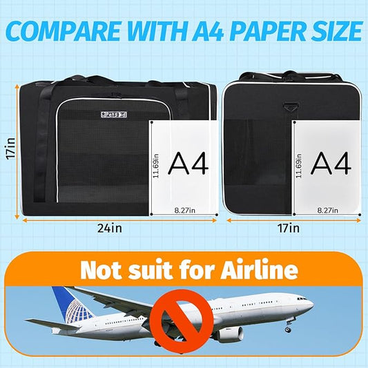 Petskd Extra Large Pet Carrier 24"x17"x17" for Large Cat or Medium Dog, Collapsible Soft Sided Dog cat Carrier for Long Trips with Lockable Safety Zippers(Black)
