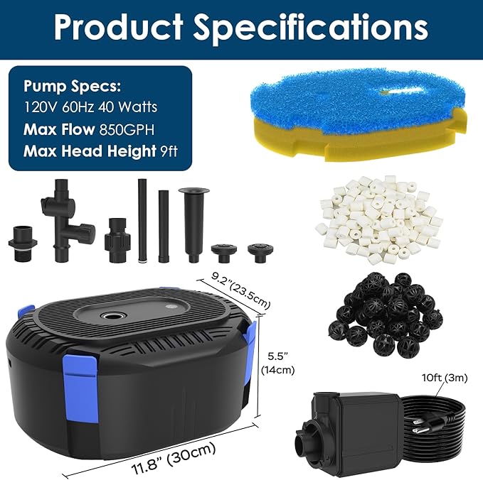 AquaMiracle All-in-One Koi Pond Filters for Outdoor Ponds 500-750 Gal, Pond Fountain Pump with 3 Spray Patterns, Fountain Kit with 850GPH Water Pump for Garden, Water Feature, Bird Baths
