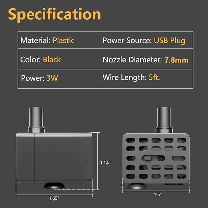 alizzy 50GPH Submersible Water Pump(180L/H, 3w) with USB Plug, Ultra Quiet Water Fountain Pump with 2.6ft. High Lift and 5ft. wire for Aquarium, Fish Tank, Water Feature, Pet Fountain and Hydroponics