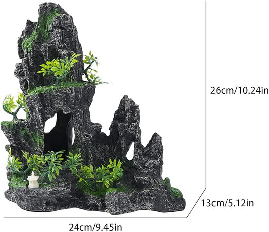Large Fish Tank Decorations - Mountain View Aquarium Ornament with Tree House Cave Bridge,Resin, 10.24x9.45x5.12 inches, C