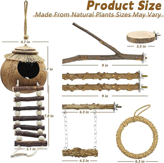7PCS Bird Perches, Coconut Nest Hut with Ladder, Bird Swing and Stand for Small and Medium-Sized Parakeets, Conures and Budgies, Parrot Cockatiels Budgie Conure Finches Lovebirds
