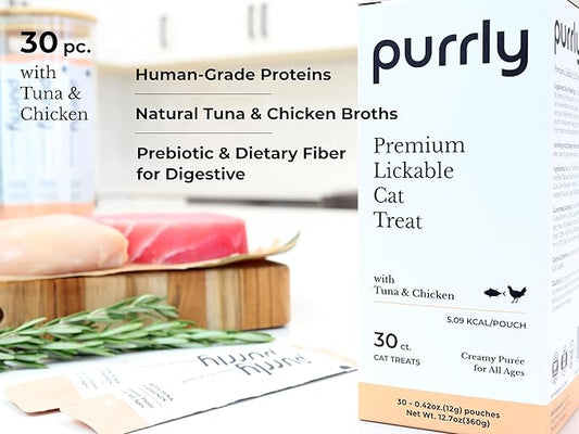 Purrly Cat Treat Topper Lickable Wet Squeezable Healthy Human-Grade Tuna & Chicken Breast with Prebiotic and Dietary Fiber for Indoor Cats (30 Count) Grain-Free Non-GMO No-Preservatives