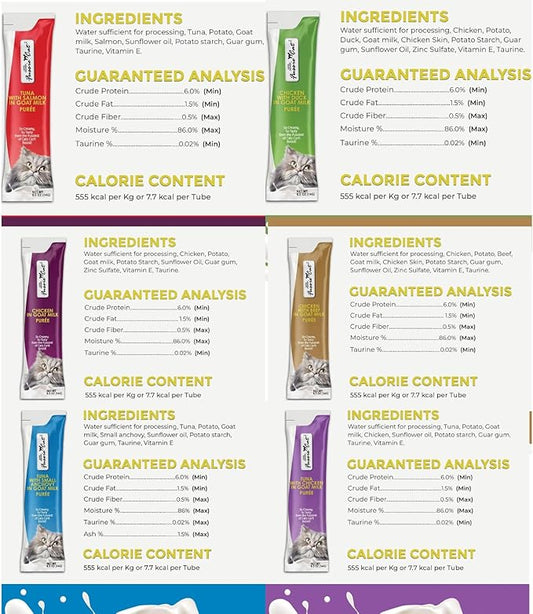 Fussie Cat Super Premium Cat Treats in Goat Milk Puree, lickable cat Treats,6 Packs of 4-0.5oz Tubes, Variety Flavor Pack of 6 Flavors.