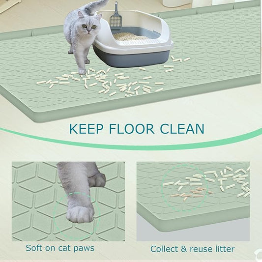 Cat Litter Mat, Silicone Large Cat Mat for Litter Box - 34x22 in, Waterproof & Non-Slip, Durable & Easy Clean, Green