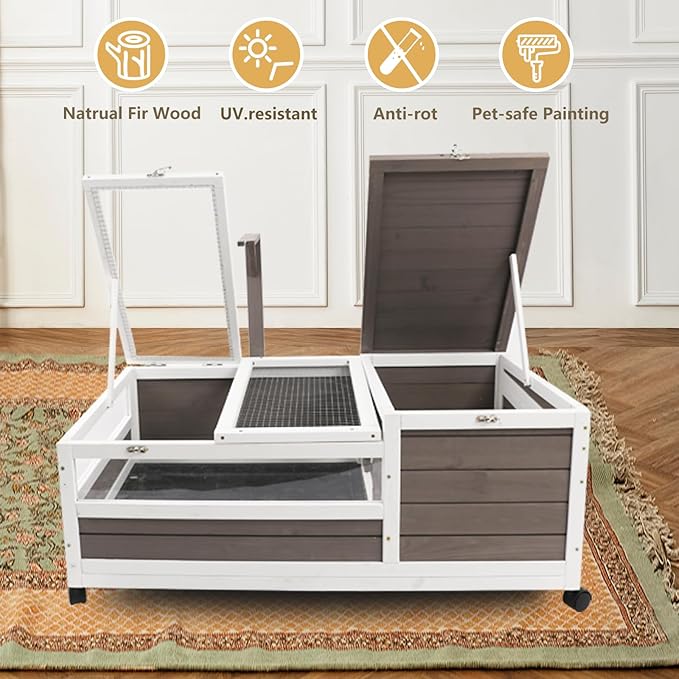 Tortoise Habitat Cage on Wheels with Lamp Stand & Pull-Out Waterproof Tray – Large Wooden Tortoise House, Indoor Outdoor Reptile Enclosure 39''L*23''W*14''H