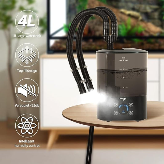 WACOOL Upgraded Digital Timing Reptile Fogger, 4L No Leak Reptile Humidifier with 2 Hose, Top Filling Automatic Terrarium Humidifier Fogger for Reptile Use