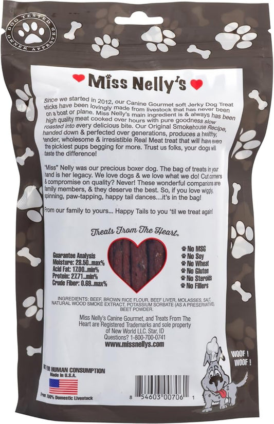 Miss Nelly's- All Natural Beef Jerky Dog Treats Made in USA Only - Beef Jerky Treats for Dogs Original Smoke House Recipe-Minimally Processed Soft Sticks - 16 oz. Bag.