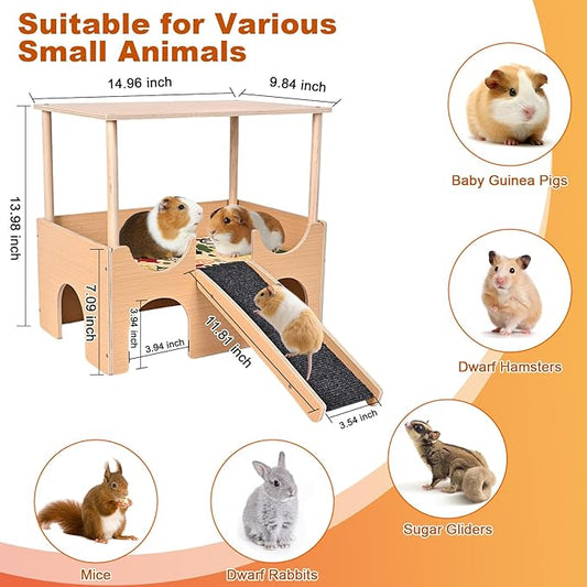 Large Wooden Guinea Pig Hideout, 2-Story Guinea Pig Castle with Non-Slip Stairs and Double-Sided Mat, Multi-Cave Design Small Animal House for Dwarf Hamsters, Sugar Gliders, Bunnny Habitat