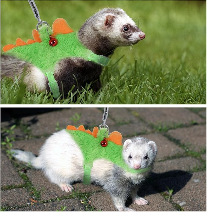Ferret Harness and Leash Set with Safe Bell, Dinosaur-themed, Green, Small Pet, 2.36-3.54 inches (6-9 cm), 47 inches (120 cm) Lead Rope