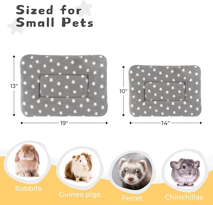 4-Pack Rabbit Bed, Washable Bunny Mat, Fleece Guinea Pig Bedding, Soft Flannel Small Animal Cage Liner, Blanket for Hamster Ferret - 19"x13"