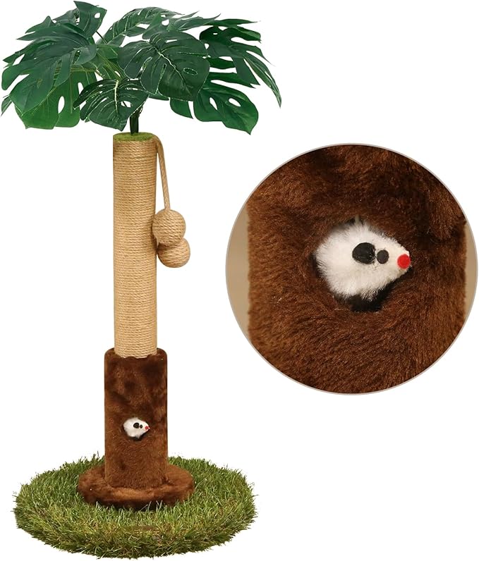 Cat Scratching Posts Cat Trees 26.4" Tall with Sisal Rope Cat Toy and Hanging Ball for Indoor,Wooden Palm Tree Cat Scratch Pole for Kitty