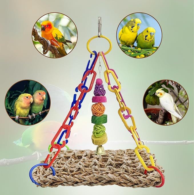 Bird Swing Toy Seagrass Mat, Natural Sea-Weed Woven Parrot Hammock Swing Bird Net Hammock Mat Climbing Swing Mat with Colorful Chewing Rope Toys for Parakeets, Budgie,Conure,Cockatiel,Lovebird