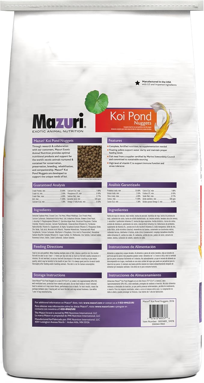 Mazuri Koi Floating Pond Nuggets, Floating Koi Fish Food for Ponds, 20 lbs