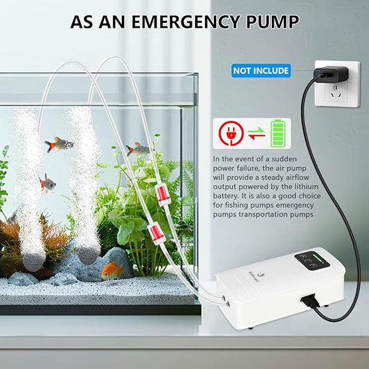 fishkeeper Battery Powered Aquarium Air Pump, USB Rechargeable Aerator Fish Tank Air Pump for 10-210 Gallons Portable Oxygen Pump for Outdoor Fishing, Power Outages and Emergency (6W 110GPH)