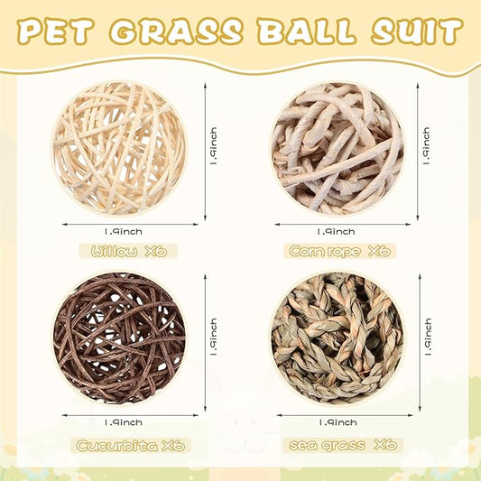 24 Packs Guinea Pigs Toys Small Animals Play Balls Chew Gnawing Treats Bunny Toys Hay Grass Balls for Small Animals Entertainment PET Cage Accessories