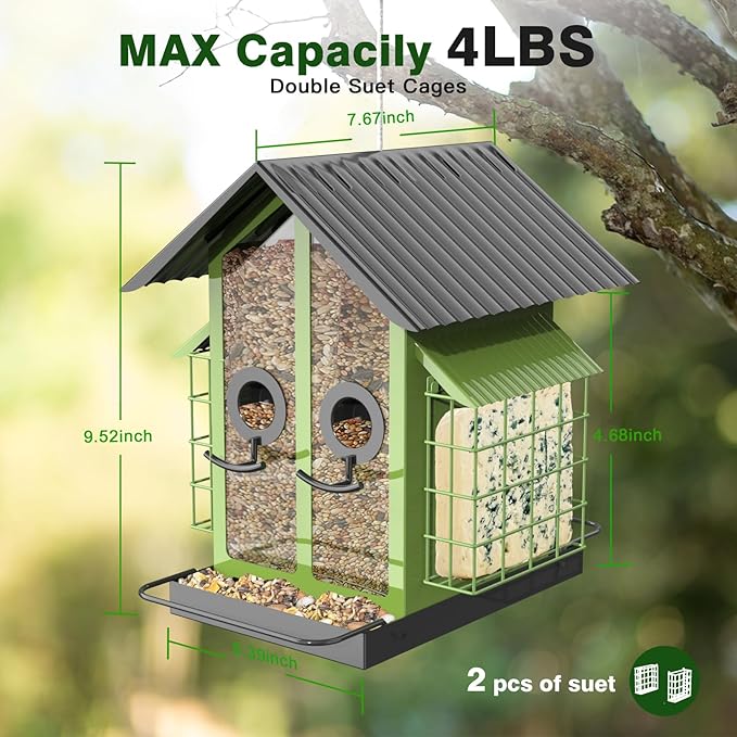 Bird Feeders for Outdoors, Metal Bird Feeder with Double Suet Cage Weatherproof Metal Roof, 2 in 1 Mixed Seeds Suet Feeder, 4Lbs Large Capacity, Great for Finch、Cardinal、Chickadee(Green)