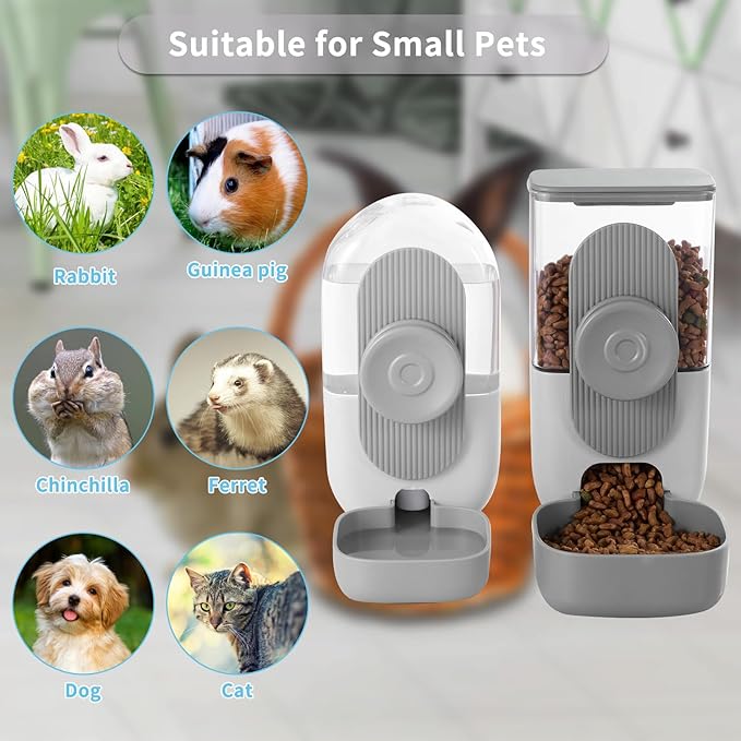 Hanging Automatic Rabbit Feeder for Cage,Dog Cat Food and Water Dispenser,Rabbit Water Bottle Guinea Pig Food Bowl Set,Gravity Feeder for Cats Dogs (Gray)