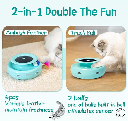 ORSDA Cat Toys 2-in-1 Interactive Cat Toys for Indoor Cats, Automatic Cat Toy Balls, Mice Toys Ambush Feather Kitten Toys with 7pcs Attachments, Dual Power Supplies, Adjustable Speed, Auto On/Off