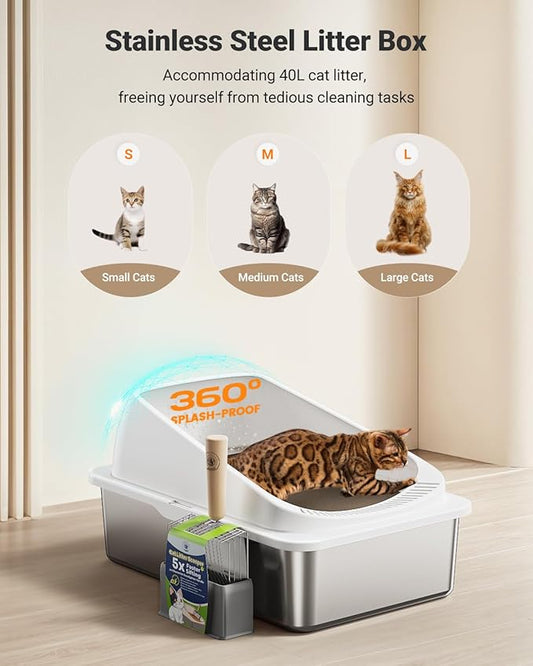Stainless Steel Cat Litter Box with Scoop, Metal Litter Box High Sided, Cat Litter Box Enclosure, XL Extra Large High-Sided Litter Boxs (Anti-Urine Leakage, Include Scoop) (Black&White)