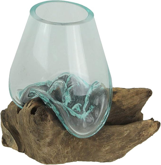 Handcrafted Melted Glass and Teak Driftwood Centerpiece Bowl/Sculpture- Unique 7-Inch Earthy Artistry for Succulents, Terrariums, and Decorative Displays