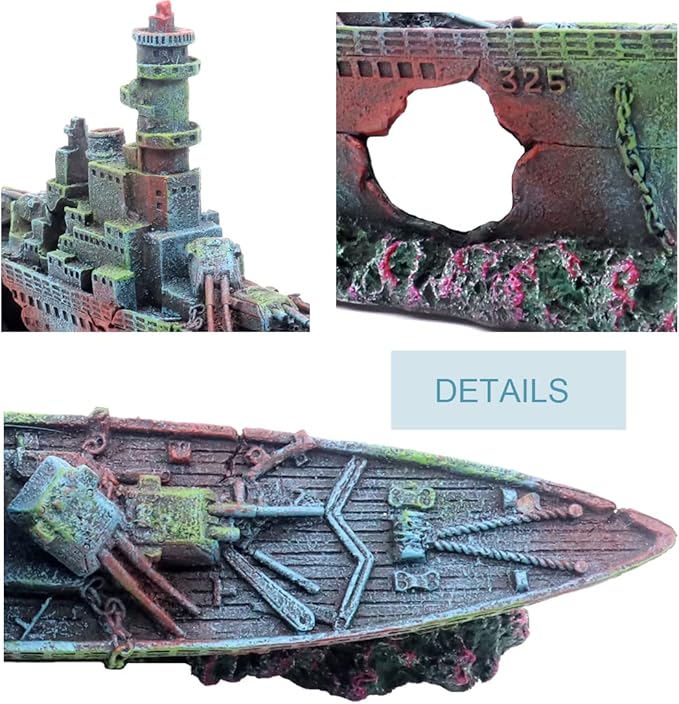 Aquarium Shipwreck Sunken Pirate Ship Boat, Battleship Aquarium Decorations Fish Tank Shipwreck Decorations Military Ship for Betta, Middle Size