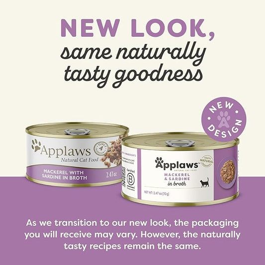 Applaws Natural Wet Canned Cat Food, Limited and Natural Ingredients, High Protein with No Artificial Additives, Mackerel & Sardine in Broth (24 x 2.47oz Cans)