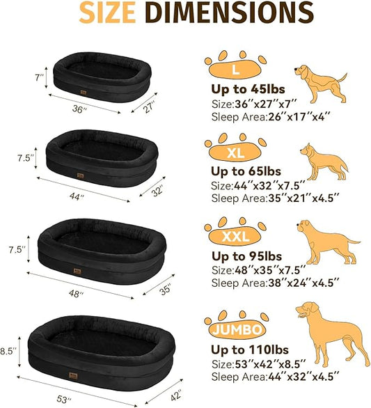 Orthopedic Washable Large Dog Bed: Memory Foam Waterproof Pet Bed with Bolsters - Removable Washable Cover for L XL XXL Large Sized Dog Bed - Non-Slip Bottom - Black