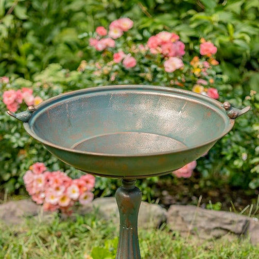 Zaer Ltd. Ornate Pedestal Style Birdbath with Cast Iron Birds on Rim (Bronze)