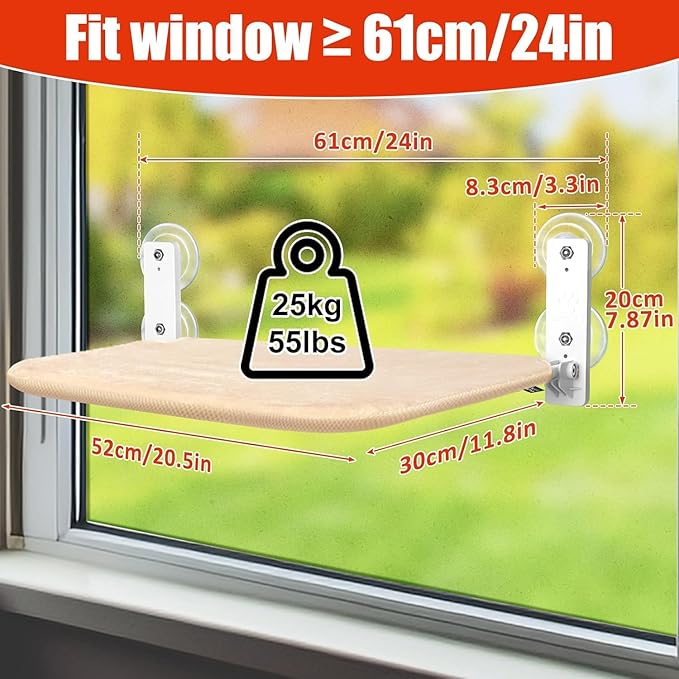 Sunhoo 2PCS Cat Window Hammock Perch Cordless Window Sill Seat Bed Foldable Kitty Lounger Indoor Cats Shelf Stable Upgraded Suction Cup Easy Assembly 20.5 * 11.8in Hold Up to 55lbs (Beige, M)