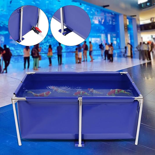 Foldable Fish Aquarium Tank, Canvas Blue Cuboid Small Above Ground Pond With Drain Valve, Portable Koi Breeding Pool, Indoor Outdoor Goldfish Tank, Turtle Ornamental Pool