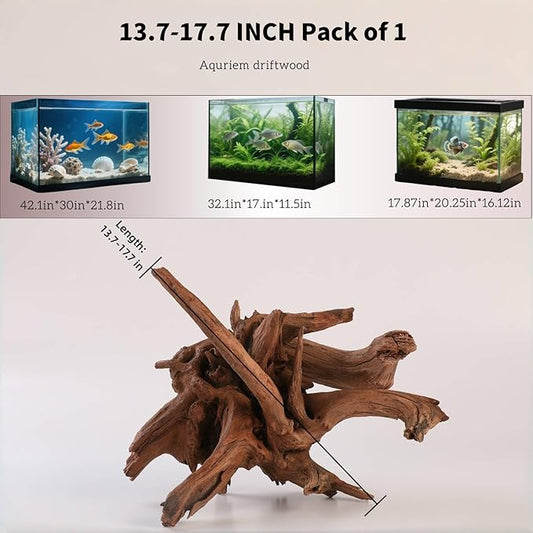 Driftwood for Aquarium,1-Piece 13.7-17.7 Inches Large Sunken Wood Fish Tank Decor,Drift Wood with Branches,Reptile Terrarium Climbing Branch, Reptile Habitat Decor Wood for Bearded Dragon,Lizad,Snake