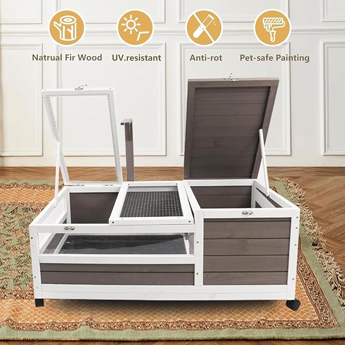 Tortoise Habitat Wooden Tortoise House, Indoor Turtle Enclosure Outdoor Reptile Cage with Removable Bottom, Light Support, Openable Roof (Double Habitat, Leakproof Tray)