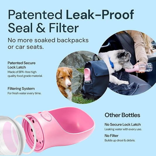 MalsiPree Leak-Proof Portable Dog Water Bottle for Travel - 19 oz, with Pink Bowl - Food Grade Plastic - Dog Bowls - Puppy Essentials - Pet Water Bottle