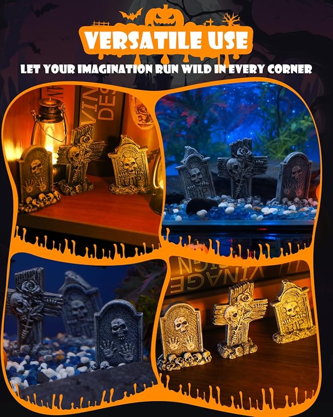 Uniclife 3 Pcs Halloween Miniature Tombstones Decorations, Halloween Fish Tank Decor, Resin Mini Tombstones Figurines, RIP Cross Skull Graveyard Gravestones, Small Spooky Town Village Accessories